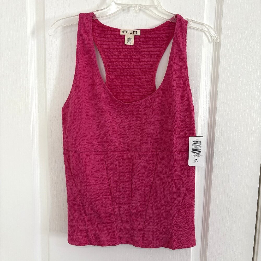 Torrid Festi Seamed Smocked Knit Tank Top Racerback Hot Pink Size 1 1X NEW